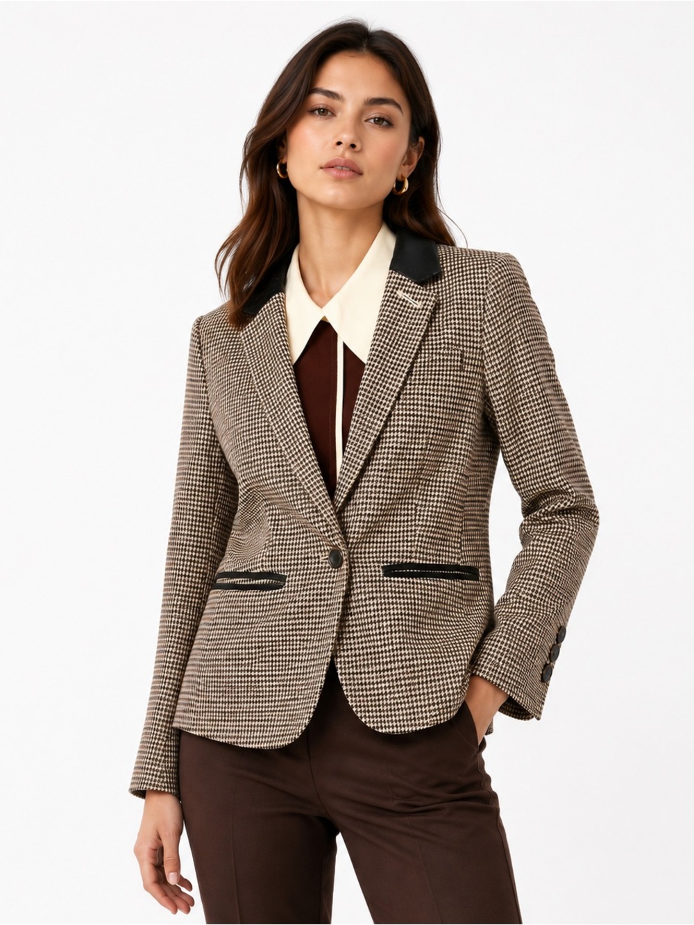 Club Monaco Houndstooth Leather Collar Blazer Tailored Career Jacket - Picture 2 of 7